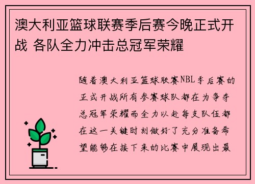 澳大利亚篮球联赛季后赛今晚正式开战 各队全力冲击总冠军荣耀