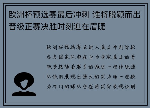 欧洲杯预选赛最后冲刺 谁将脱颖而出晋级正赛决胜时刻迫在眉睫